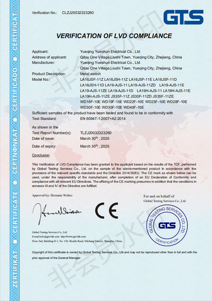 Cina Yueqing Yueshun Electric Co., Ltd. Sertifikasi